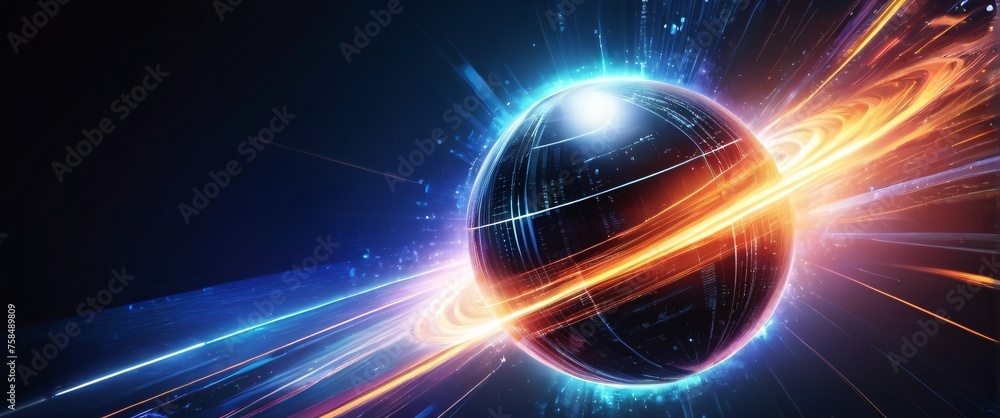 Poster abstract blue background with glowing rays suggesting energy and movement in space