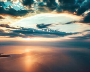 Naklejka na ściany i meble Aerial atmospheric sunrise over the bay with clouds