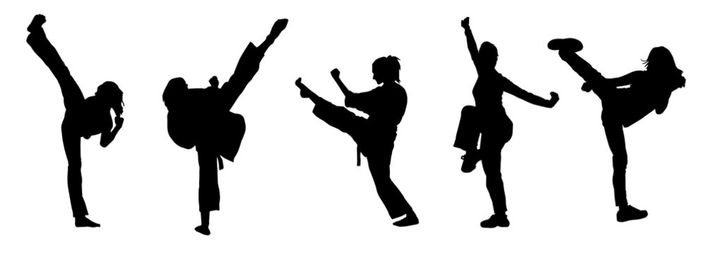 Collection silhouette of women doing a martial art kick. Silhouette group of sporty females doing kicking movement.