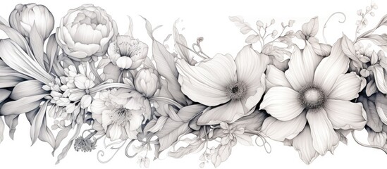 A monochrome photography of black and white flowers drawing on a white background. The intricate...