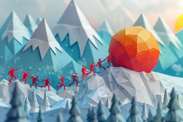 Foto op Aluminium A 3D artwork showing a group of entrepreneurs pushing a giant ball up a hill that morphs into a rising graph © HADAPI