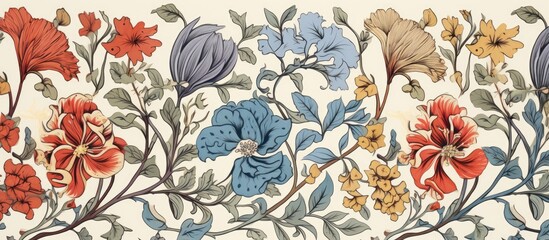 A creative arts textile featuring a seamless pattern of flowers and leaves, including roses and other flowering plants, painted in a beautiful and artistic style on a white background