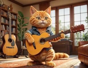 An orange cat wearing a denim shirt is playing an acoustic guitar in a cozy room.
