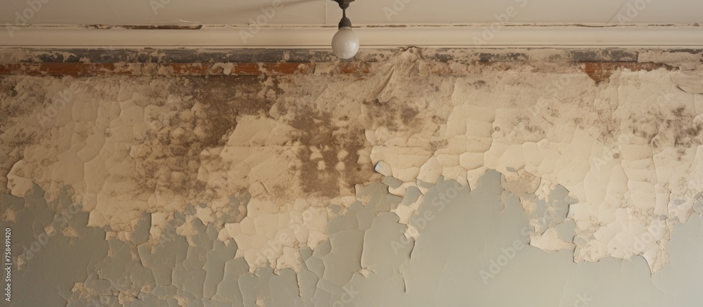 Poster a closeup shot capturing a weathered wall with peeling paint and a single light bulb suspended from 