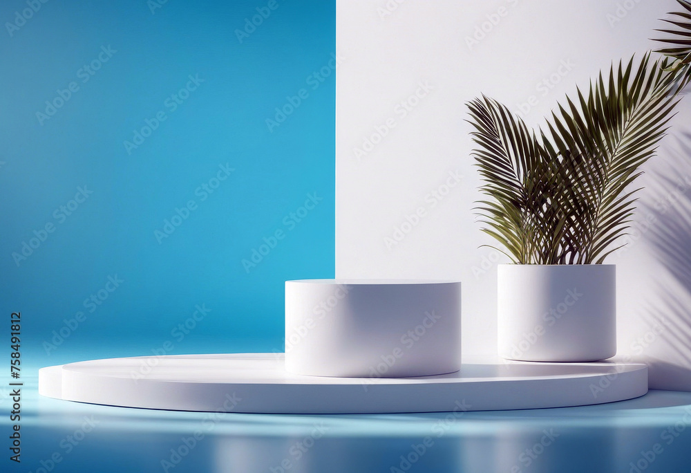 Poster background stand blue style splay shelf summer studio showing vivid 3d blank white rendering minimal