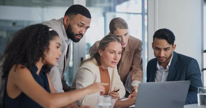Employees, laptop and meeting in office with brainstorming for research, communication and planning. Business people, technology and discussion in boardroom for project, feedback or company review