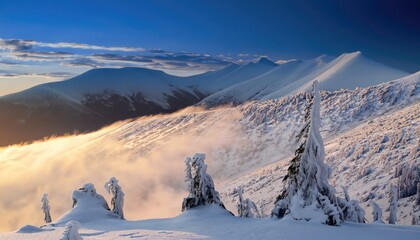 a strong frost frosted alpine peaks of the Carpathians the bright colors - obrazy, fototapety, plakaty