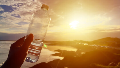 Woman hand holding a clear plastic water bottle with energy colorful sunlight in background.
