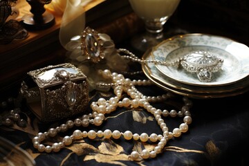 Victorian Elegance: Jewelry on a Victorian-style table with lace and antique decorations.