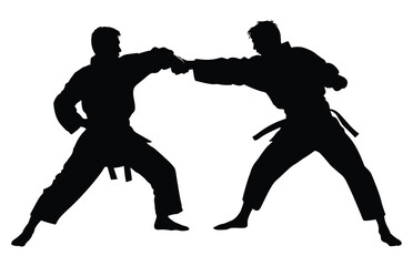 Fototapeta na wymiar Two men demonstrate karate, Men demonstrate karate, Fight between two aikido fighters vector silhouette 