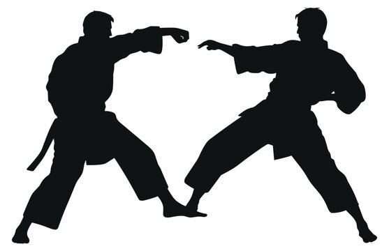 Two men demonstrate karate, Men demonstrate karate, Fight between two aikido fighters vector silhouette
