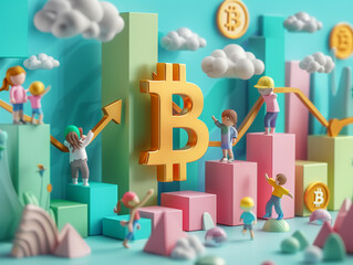 A vibrant 3D visualization of small children working together to lift a giant Bitcoin symbol along an upward trending graph
