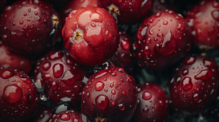 Top view fresh berries, cranberrys, blueberrys, cherries fruits with visible water drops