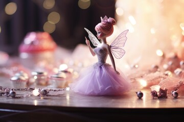 Sugar Plum Fairy: Jewelry on a table with a Sugar Plum Fairy figurine and pastel-colored lights.