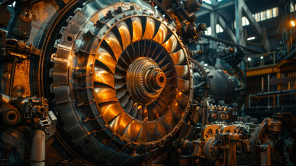 A close-up view of a complex industrial gas turbine engine, showcasing intricate mechanical engineering.