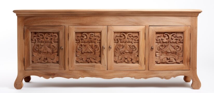 A brown wooden dresser with intricately carved doors and drawers, featuring a rectangle design, on a white background. The wood stain highlights the fine art of the handcrafted fixture