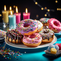 a festive party table spread featuring a platter of donuts with colorful icing and decorations