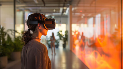A woman immersed in a virtual reality simulation stands in a contemporary office environment, exploring a digital world.