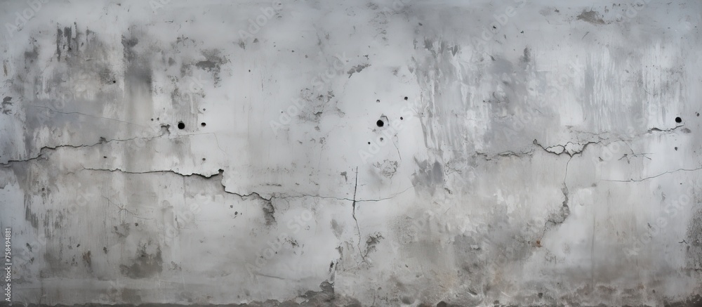 Poster Monochrome photography captures a closeup of a concrete wall with holes, revealing a pattern of darkness and water stains. The rectangle shapes contrast with the irregularity of the soilfilled gaps