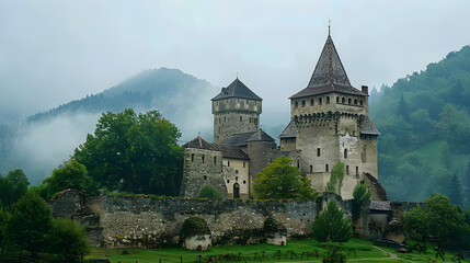 Fototapeta na wymiar European Legacy: Iconic Castle Architecture In Fog In Forrest 