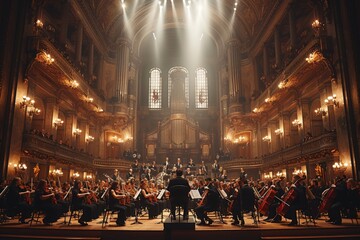 A large symphony orchestra performs in a majestic concert hall, led by a conductor, under grand chandeliers