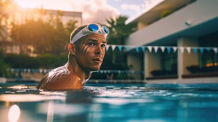 Quadriplegic swimmer posing for the camera at the side of the pool. - obrazy, fototapety, plakaty