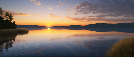 Tranquil lake’s coast as the sun dips below the horizon, casting vibrant yellow rays across the reflective surface.