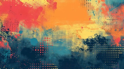 An abstract composition merging halftone dots and grunge elements, bathed in warm orange and cool blue tones..