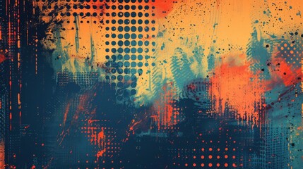 Artistic blend of grunge textures and halftone patterns, creating a vibrant and urban-inspired abstract backdrop..