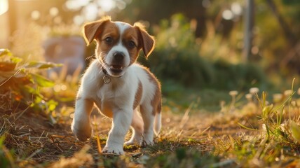 Puppy with captivating eyes in golden hour - An adorable puppy with soulful eyes is portrayed in a warm, golden hour light creating a serene atmosphere