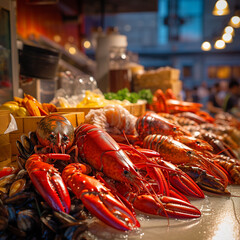 a seafood market stall showcasing fresh lobsters displayed on ice