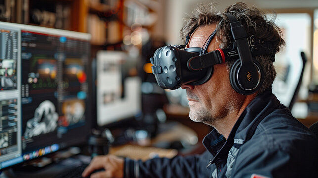 man listening to music, A technology expert working with virtual reality equipment in a high-tech environment photography