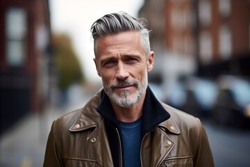 Portrait of a handsome senior man with grey hair and beard in the city - obrazy, fototapety, plakaty