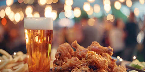 A close-up photo of a plate of crispy fried chicken wings and a frosty glass of beer on a dark wooden table. The chicken wings are golden brown and glistening with sauce