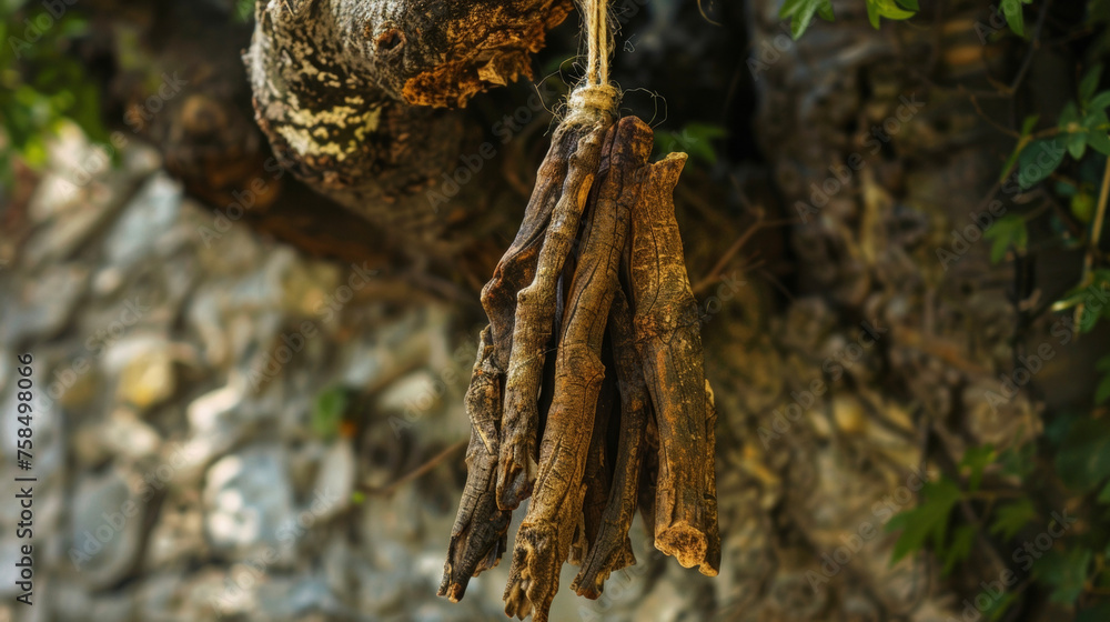 Poster A bunch of dried bark hangs from a string its rough texture and earthy scent hint at its healing properties. This bark is often used in traditional healing rituals thought