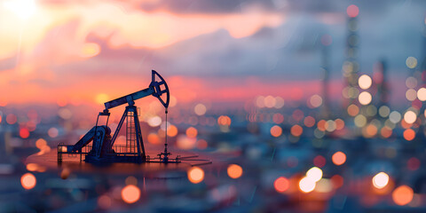 Oil pump oil rig energy industrial machine for petroleum in the sunset background for design. AI generated - obrazy, fototapety, plakaty
