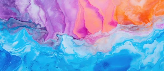 Foto op Plexiglas A close up of a vibrant painting with a mix of electric blue, purple, and orange hues. The watercolor artwork features shades of violet, pink, and aqua, creating a mesmerizing and colorful background © AkuAku