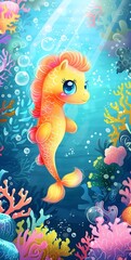Obraz na płótnie Canvas Cute baby sea horse swimming in the ocean, colorful coral reefs and sea plants in the background, under water bubbles, pastel colors, mobile wallpaper, kawaii style, 