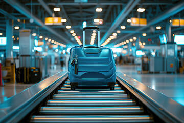 Luggage on conveyor belt at airport point of scanning scanner bag check-in X-ray machine AI...