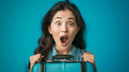 Surprise Travels , Asian Woman Expresses Shock While Hugging Suitcase Against Vibrant blue Background.