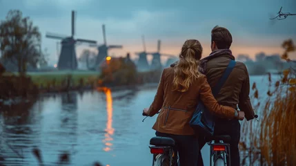Fototapeten Couple Cycling Past Kinderdijk Windmills and Canals in Rotterdam © Lab_Photo