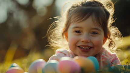 Fototapeta na wymiar Easter Delight, Cheerful Child Hunting for Eggs in the Park