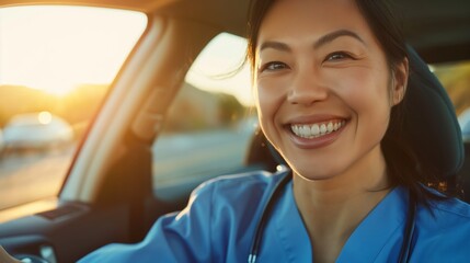Photo of a smiling beautiful nurse sitting in the car leaving for work in the morning.	