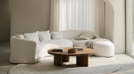 Fototapeta na wymiar Minimalist Elegance Round Wood Coffee Table in a White Sofa Setting. Scandinavian Modern Living Room Interior Design