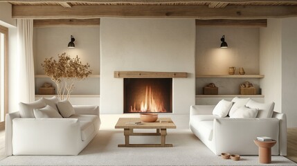 Contemporary living room with fireplace and stylish furniture in a luxurious home interior