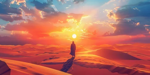 Rolgordijnen Person Walk on Desert At Sunset © Ariestia
