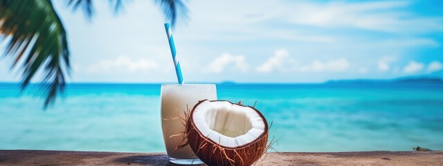 Fototapeta na wymiar Cold pina colada cocktail in a glass on the beach with seascape background. Banner