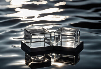 Two empty clear glass square podiums on black transparent calm water texture with waves