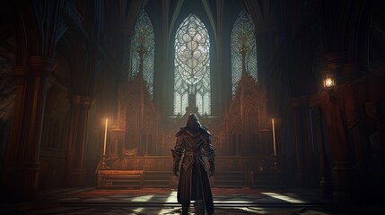 Male game character inside gothic church