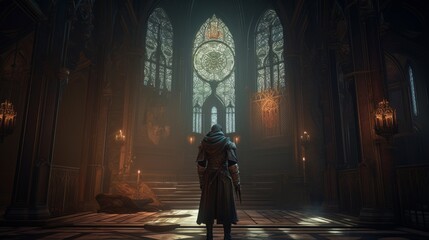 Male game character inside gothic church